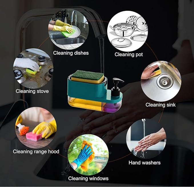 3 in 1 Soap Pump Dispenser Dish Soap Liquid Dispenser Sponge Holder Dish Soap Pump Dispenser for Kitchen Sink Countertop Kitchen Bathroom (Multi-Color)